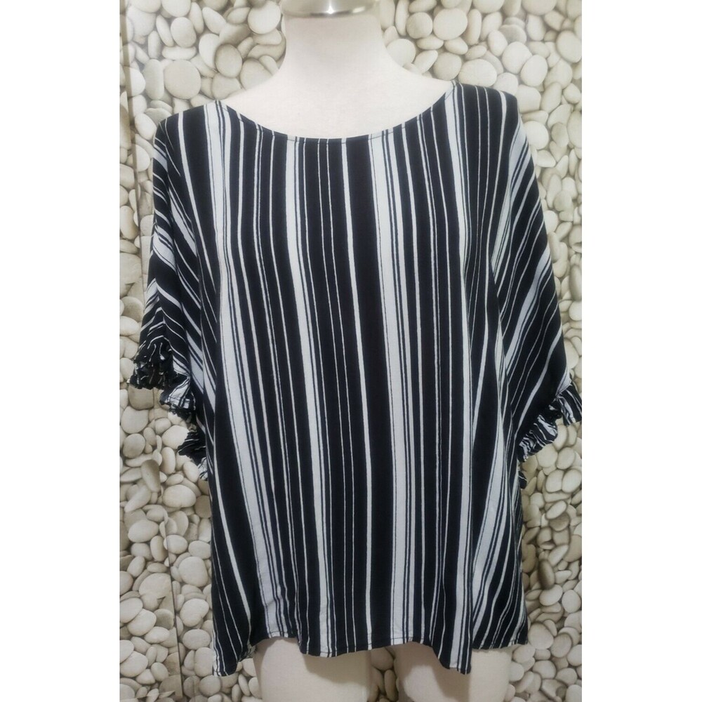 Cato Top Womens Plus Size 22/24 Striped Black White Button Rayon Ruffle Sleeve